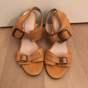 Casual Tan Heels with Decorative Buckles